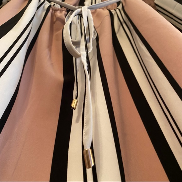 DEX Pink striped dress. Off the shoulder. Elastic waist with accent belt. - Picture 7 of 12